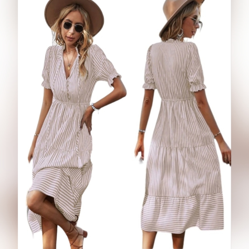 Sexyasasii Women's Striped Summer Dress Short Sleeve V Neck High Waist  Size M